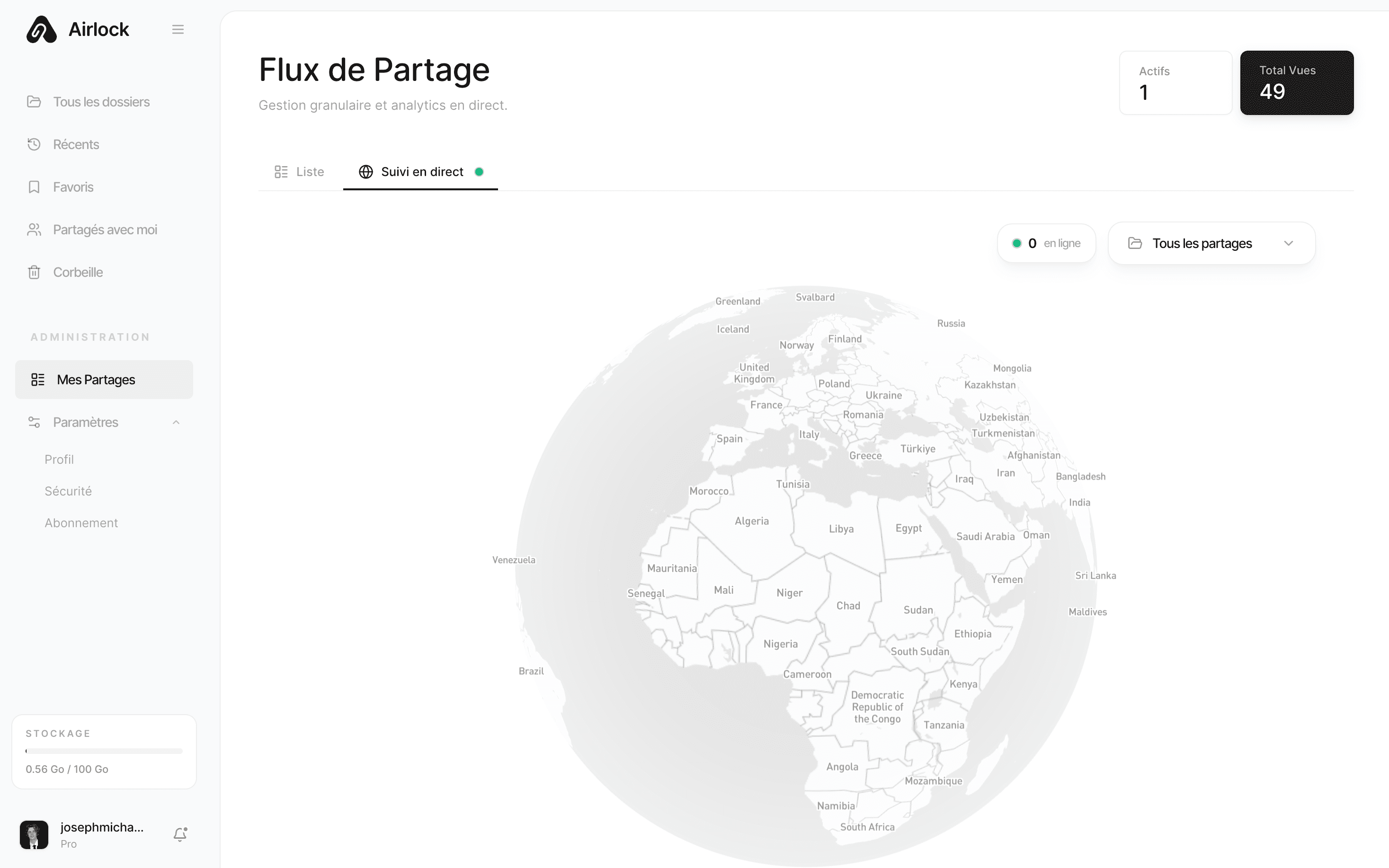 Airlock Analytics - Tableau de bord avec statistiques en temps réel : vues, téléchargements, sessions actives