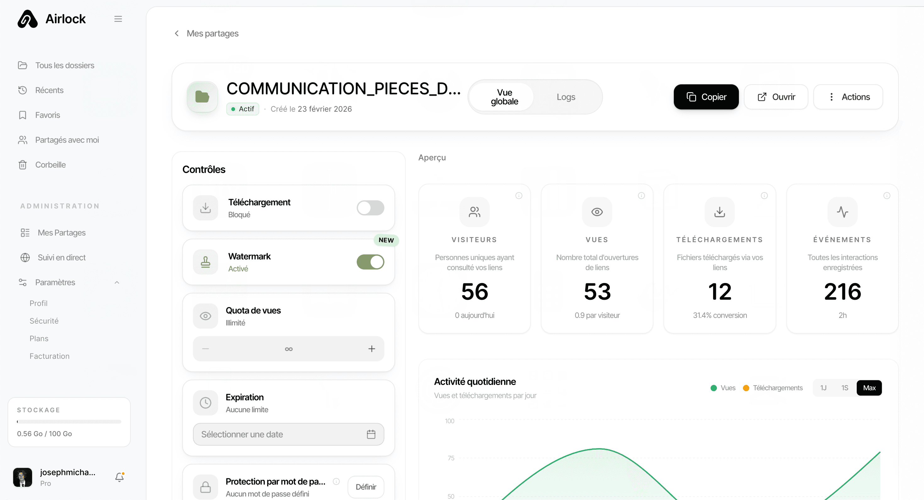 Airlock Règles de Partage - Configuration des paramètres de sécurité : mot de passe, expiration, quota de vues