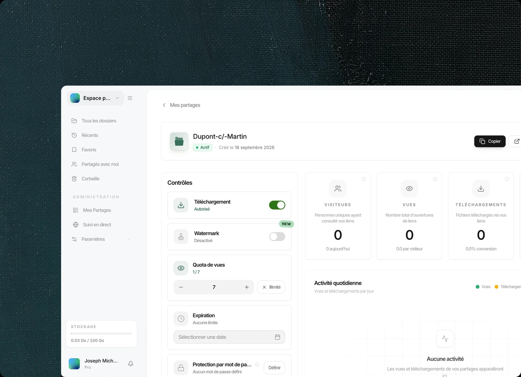 Tableau de bord Airlock : limite de visiteurs fixée sur le partage
