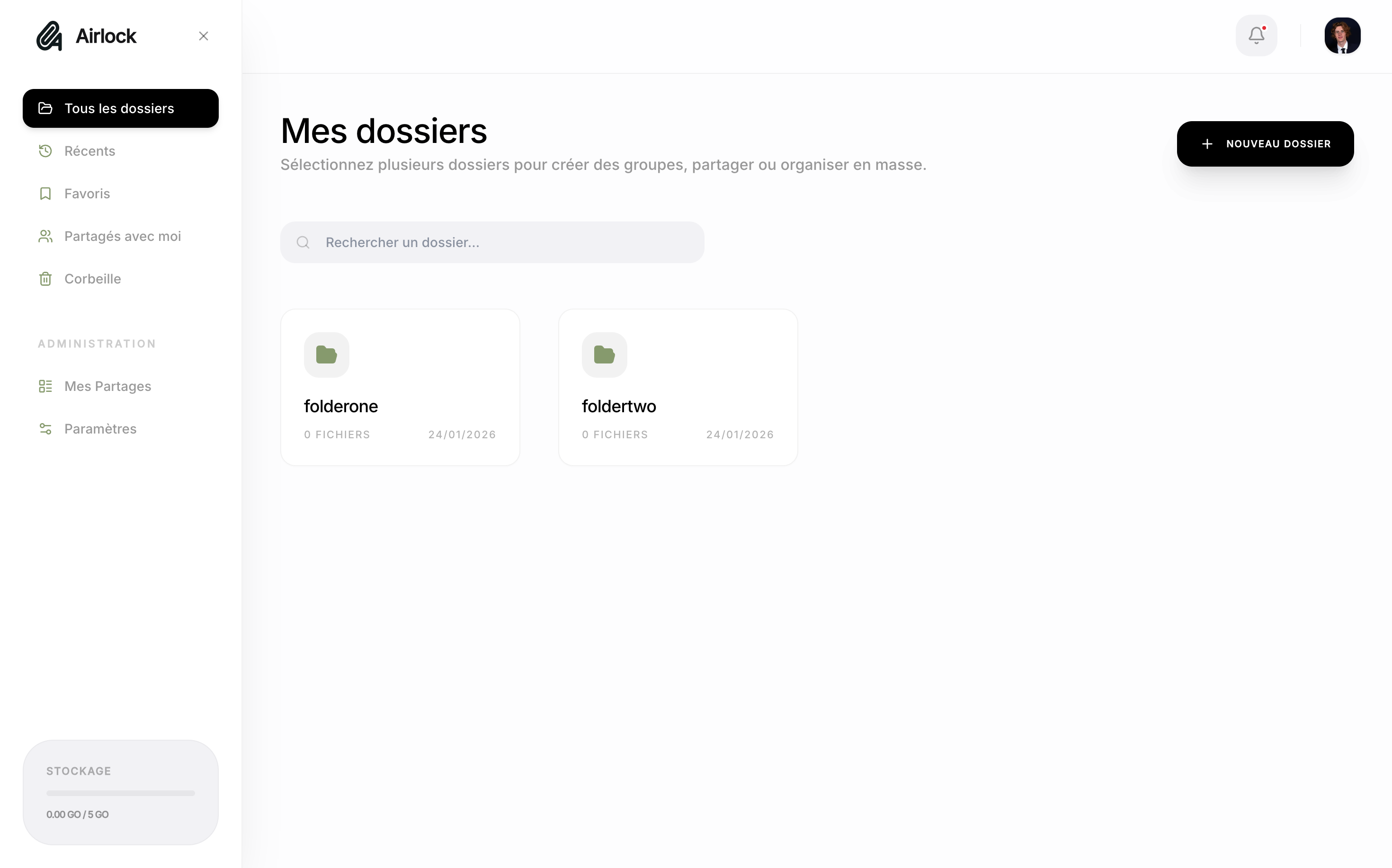 Airlock Dashboard - Interface de gestion de fichiers avec workspace, dossiers et navigation intuitive